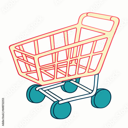 Yellow shopping cart with blue wheels for retail and grocery with copy space; shopping essentials