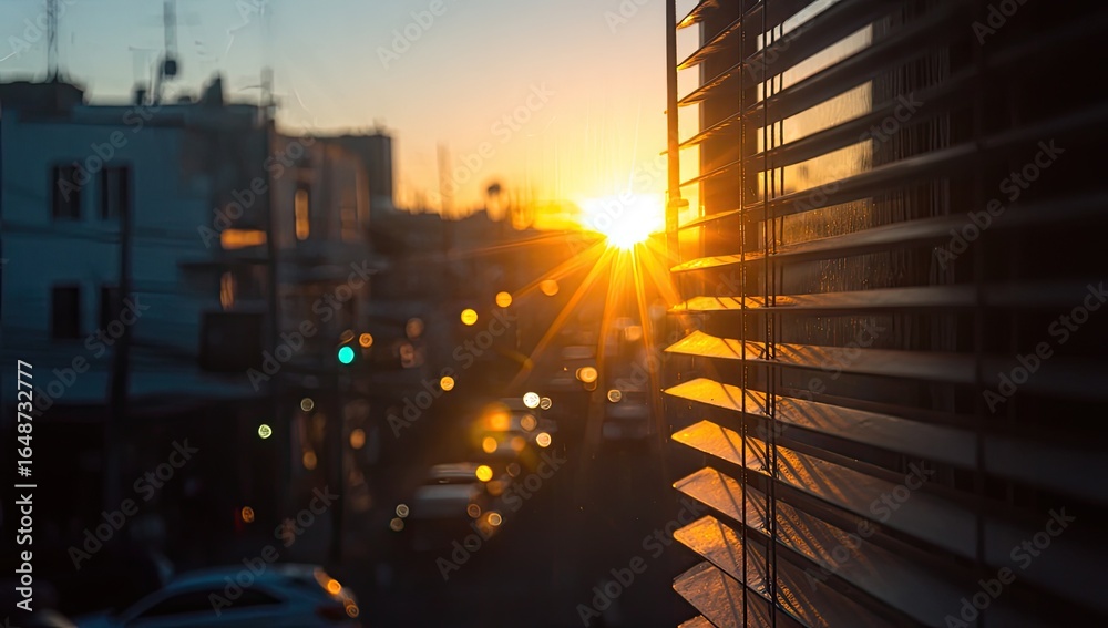 Obraz premium Golden sunset seen through blinds, city in soft focus