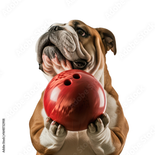 Bulldog holding a red bowling ball up