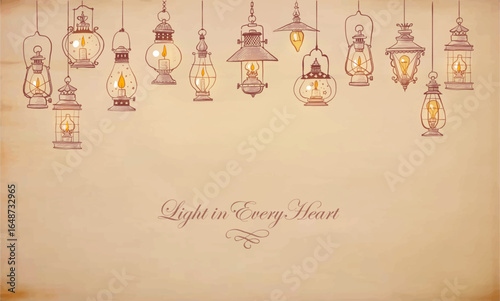Vintage doodle lanterns hanging and softly glowing hand drawn on vintage  background. Vector illustration with place for your text