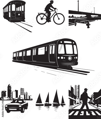 Dynamic city transport icons featuring metro, taxi, and cyclist