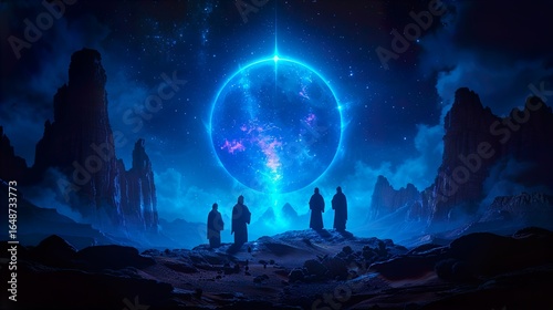 Christmas star on blue sky and three wise men. Christian illustration transparent background  