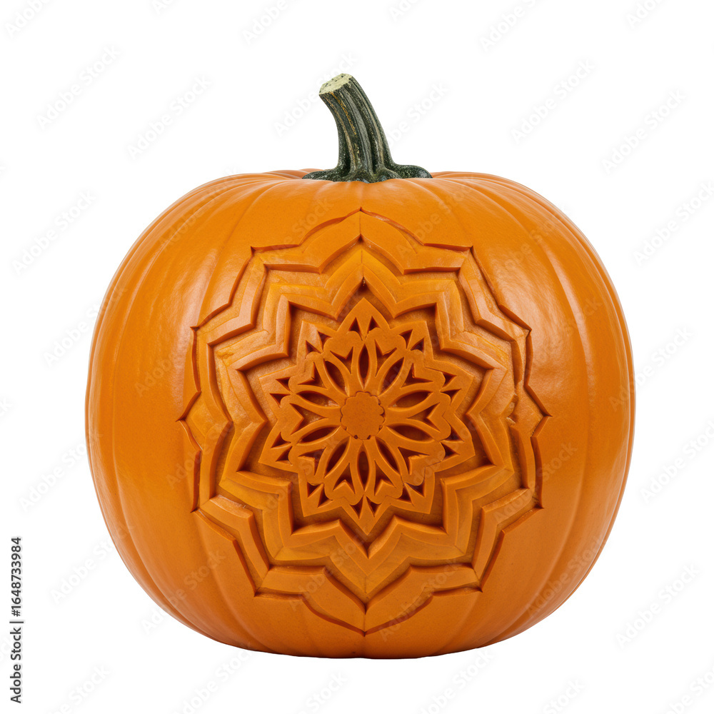 Obraz premium Perfectly formed pumpkin, intricately carved with a geometric mandala pattern, against a transparent studio background with bright shadowless lighting, emphasizing sculptural quality and precision.