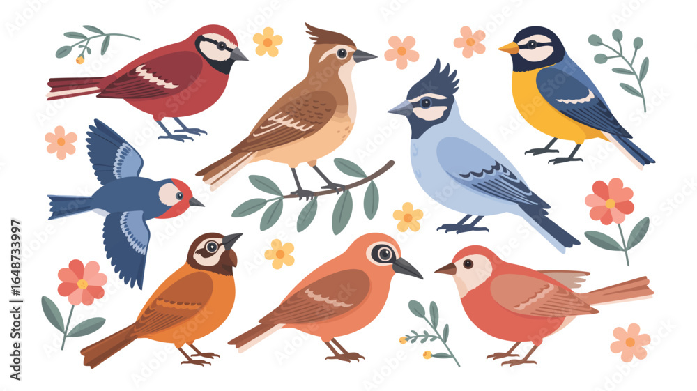 Obraz premium Vector art of a delightful array of colorful birds perched among blooming flowers and verdant branches, creating a vibrant and lively scene perfect for adding a touch of nature to any design