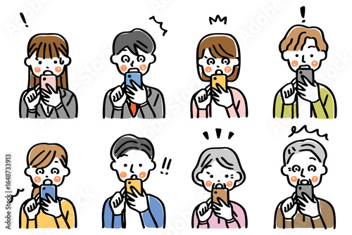 スマートフォンを操作する人物のイラストセット＿驚く