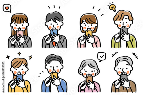 スマートフォンを操作する人物のイラストセット＿笑顔