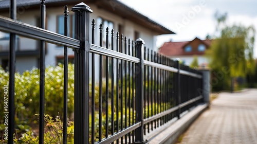 Close-up of a black wrought iron fence beside a modern home, framed by lush greenery and a sunny sky.