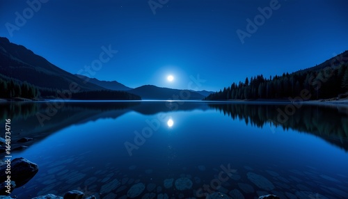 Fototapeta Naklejka Na Ścianę i Meble -  A serene nighttime view of a tranquil lake surrounded by mountains under a full moon.