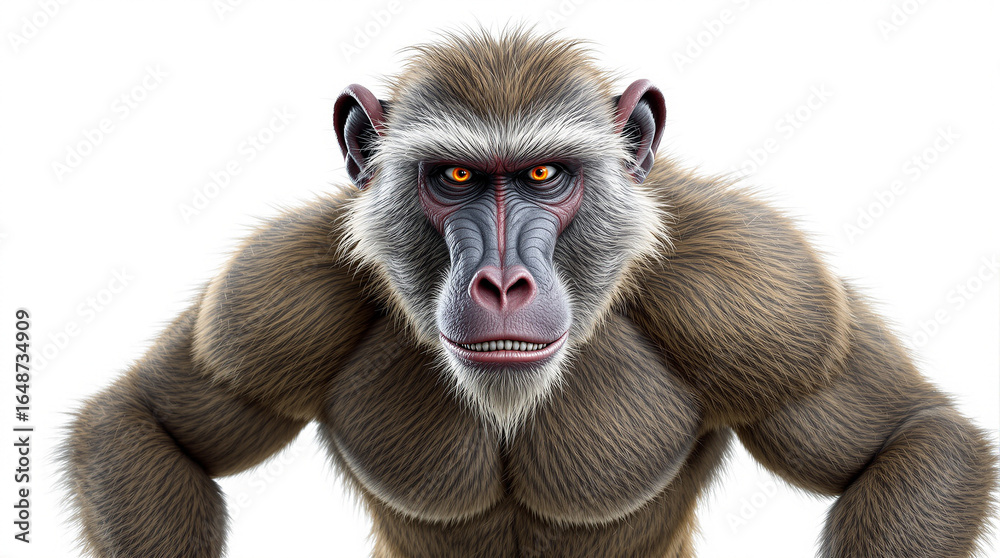 Obraz premium Powerful Baboon Portrait with Intense Gaze on White Background, Showcasing Muscular Primate Features