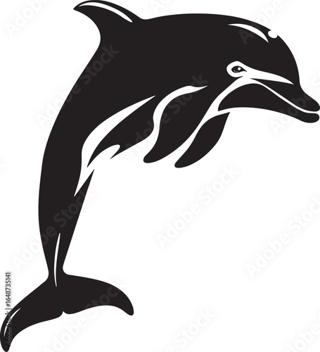 A black and white silhouette of a dolphin jumping in the air.