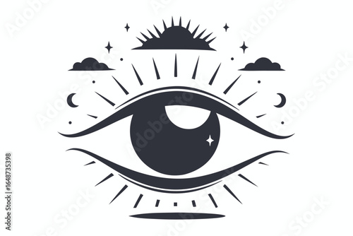 Stylized esoteric eye looks beyond clouds, sun, moon, and stars with radiant light