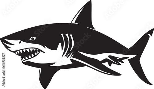 A black and white illustration of a shark swimming in the ocean.
