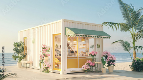 A cute flower cafÃ© in a white shipping container with pastel pink flowers, a green awning, and a yellow door inside. 