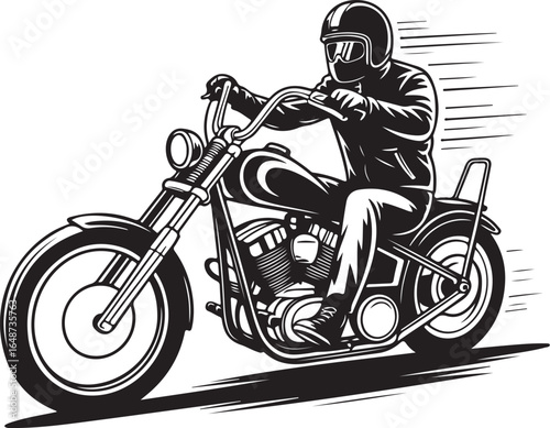 Dynamic biker rides vintage motorcycle with speed lines