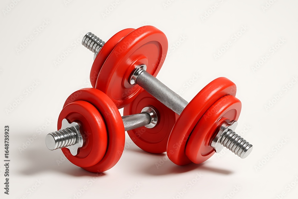 Naklejka premium Red fitness dumbbells with chrome handle, ideal for weightlifting and workout routines