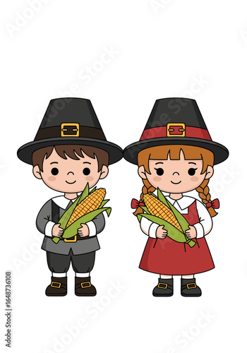 Two adorable pilgrim children, boy and girl, smiling and holding ears of corn.
