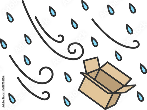暴風で飛ばされる、段ボールのイラスト｜強風・大雨・台風の日