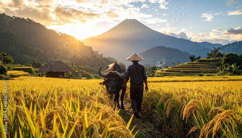 Asian farmer with a water buffalo walking through golden rice paddy terraces at a scenic sunrise with a volcano in the background.