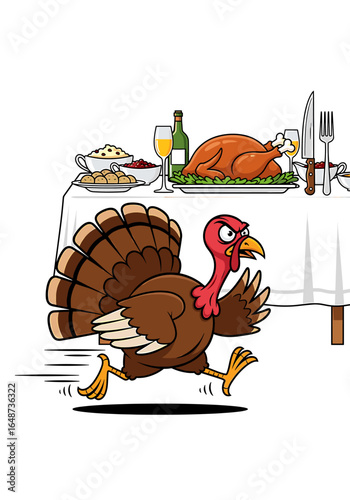 A cartoon turkey runs away from a Thanksgiving dinner table laden with food.