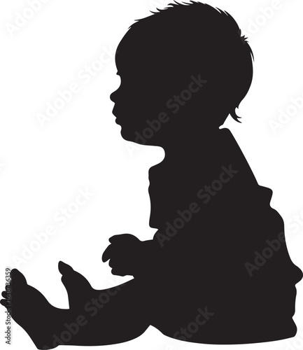 A black and white silhouette of a baby sitting on the floor.