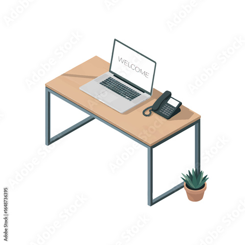 Modern office desk setup with laptop and plant in a professional workspace