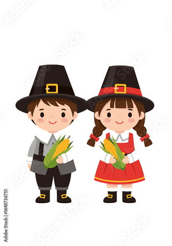 Two cartoon pilgrims, a boy and a girl, holding corn on the cob, smiling.