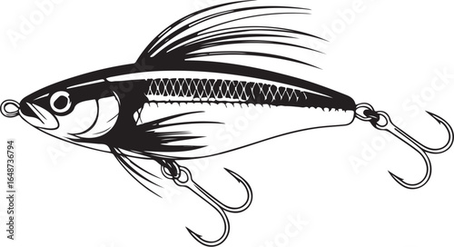 Realistic black and white fishing lure with sharp hooks