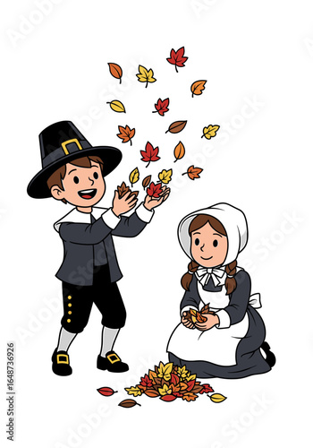 Cartoon illustration of a boy and girl in pilgrim attire playing with colorful autumn leaves.