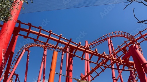 A thrilling view of the extreme roller coaster Mayan at Energylandia amusement park in Zator, Poland. 