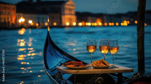 Romantic dinner for two on gondola in Venice at night. Enjoying wine and delicious food with stunning city views.