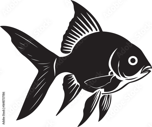 A black and white illustration of a goldfish swimming in an aquarium.