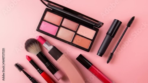 Cosmetic beauty products with pastel pink background for makeup and skincare advertisement