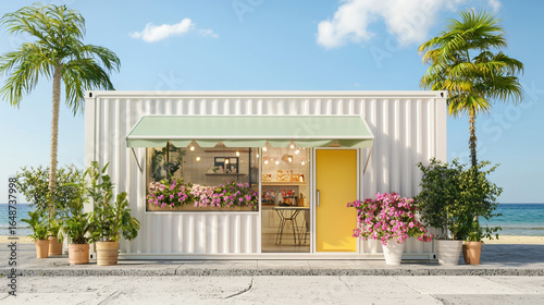 A cute flower cafÃ© in a white shipping container with pastel pink flowers, a green awning, and a yellow door inside. 