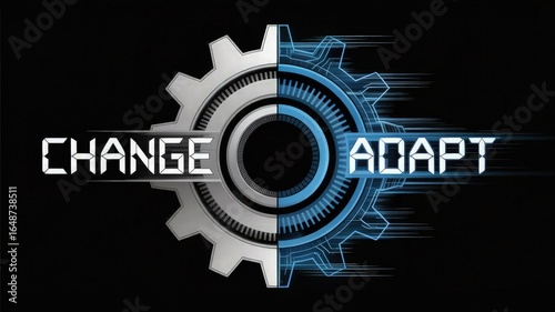 Change & Adapt: A graphic design of a gear with the words Change and Adapt, the overall design highlighting the concept of transformation in technology or engineering field.