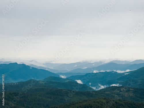 Canvas-taulu A tranquil scene of layered misty mountains and dense forests, perfect for trave