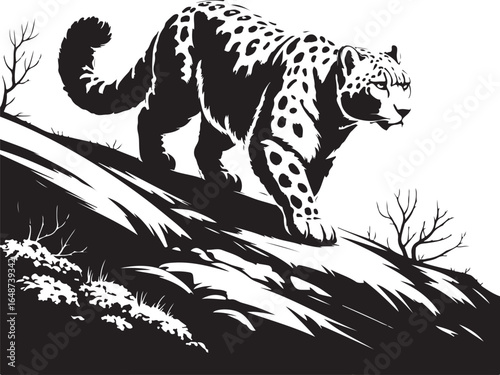 Powerful jaguar prowls across snowy terrain with intense gaze