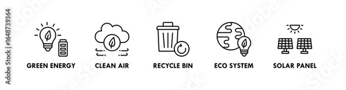 Environmental Conservation banner web icon illustration concept with icon of green energy, clean air, recycle bin, eco system, and solar panel
