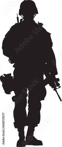 A silhouette of a soldier in full gear, holding a rifle and a radio, standing against a white background.