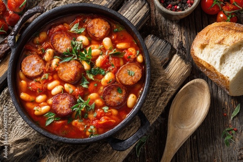 Hearty stew of white beans and chorizo, garnished with fresh herbs, in a cast-iron pot.  A rustic wooden table setting complements the dish