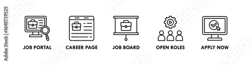 Recruitment banner web icon illustration concept with icon of job portal, career page, job board, open roles, and apply now