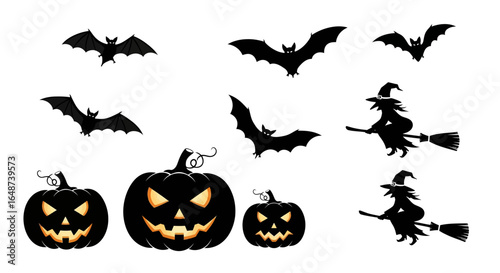 Set of black Halloween silhouettes featuring glowing jack-o-lanterns, flying bats, and witches on broomsticks.