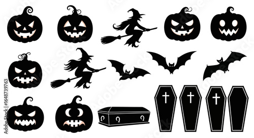 Spooky Halloween Silhouettes - Carved Pumpkins, Witch, Bats, and Coffins.