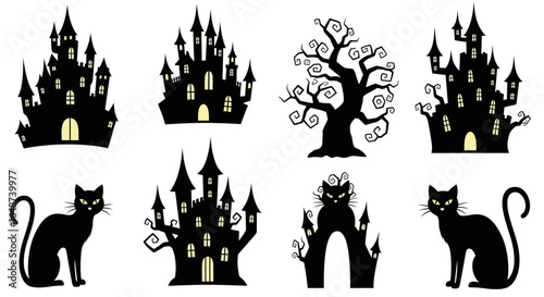 Set of black Halloween silhouettes featuring haunted castles, spooky trees, and mysterious black cats.