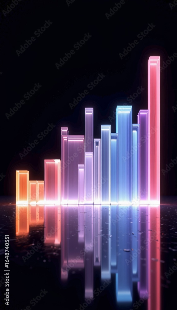 Obraz premium Abstract glowing bar chart with reflections on dark background 
