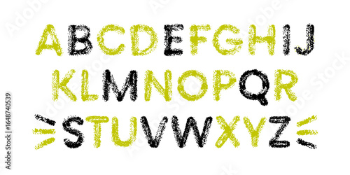 Crayon alphabet, black and green chalk font letters from A to Z. Color english type drawn with paint brush. Cute doodle font signs with crayon pencil texture, vector illustration