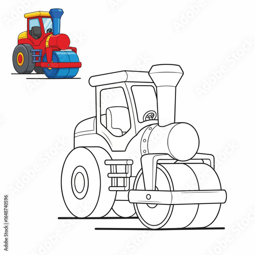 Coloring Page of a Fun Construction Steamroller Vehicle for Children