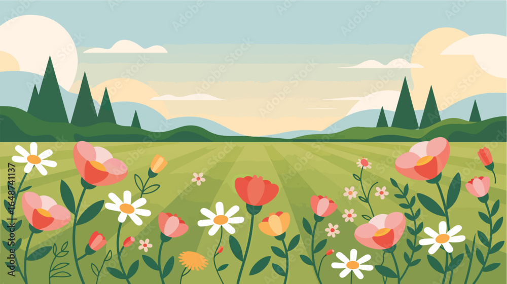Fototapeta premium A Vibrant Spring Meadow Bursting with Colorful Flowers and Lush Greenery Under a Serene Sky