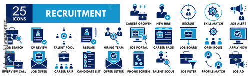 Recruitment icon collection set. Containing design business, recruitment, employee, job, office, person
