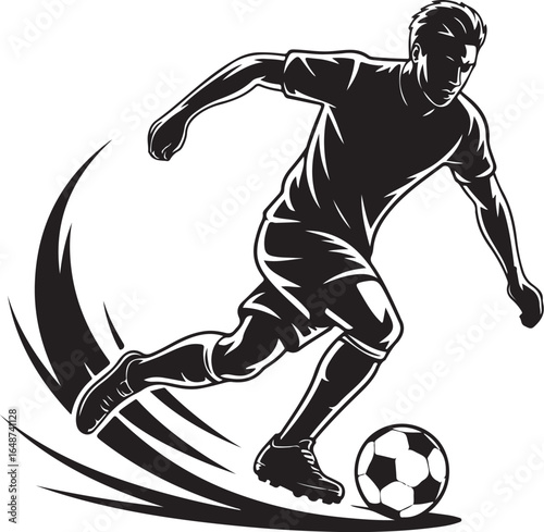 Dynamic soccer player kicking ball with intense action in black silhouette