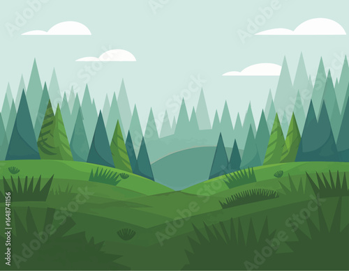 Vast Misty Forest Landscape with Rolling Green Hills and Tall Coniferous Trees